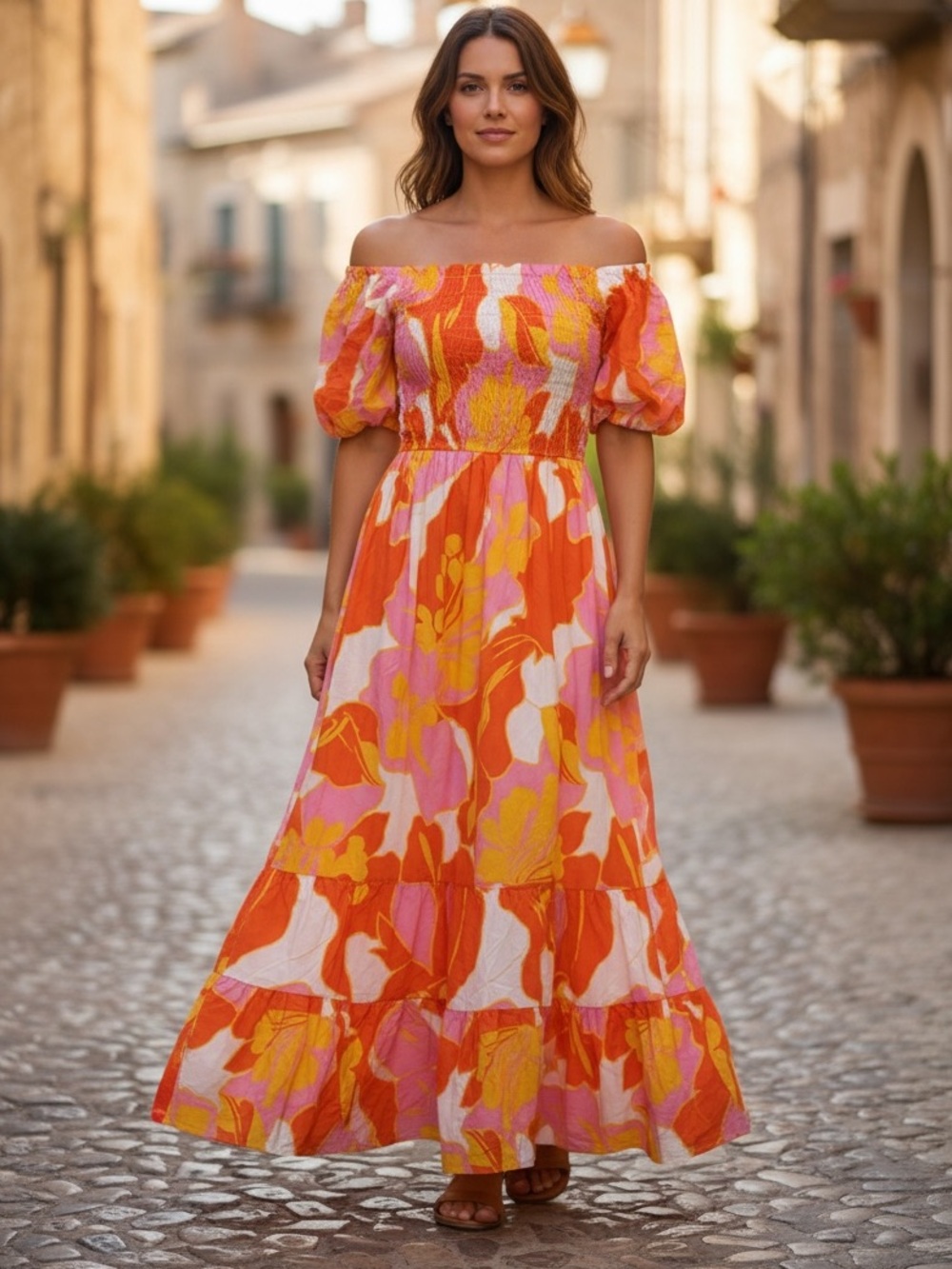 Ana & Rose Floral Smocked Midi Dress Puff Sleeve Tropical Boho Orange Pink L